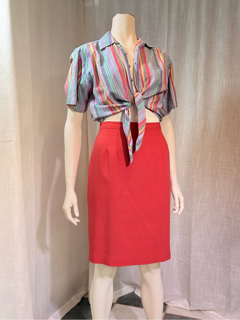 Vintage Isaac Hazan Coral Red Linen High Waist Midi Pencil Skirt